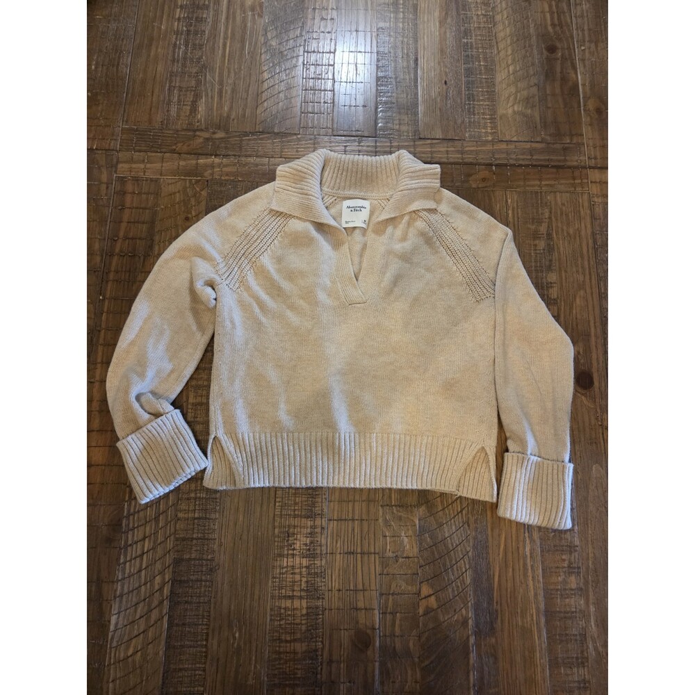 Abercrombie Fitch Beige Sweater Soft Ribbed Knit Notched Collar